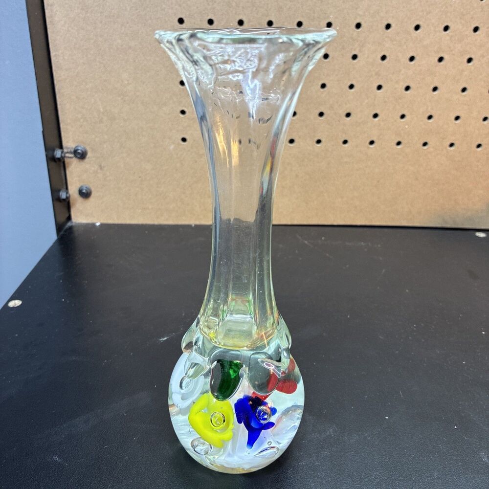 Vintage St Clair Blown Art Glass Multicolor Floral Paperweight Vase Paper Label